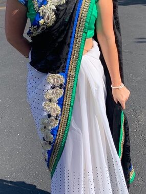 Black, White & Green Embellished Saree with Blue and Gold Trim